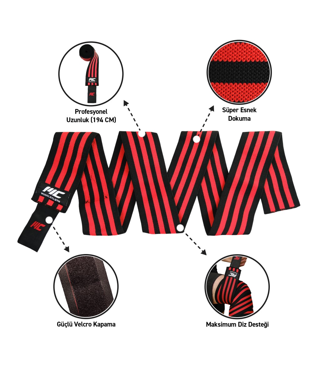 MuscleCloth Pro Knee Wraps Diz Bandajı 2’Li Paket – Cırt Bantlı Siyah Kırmızı