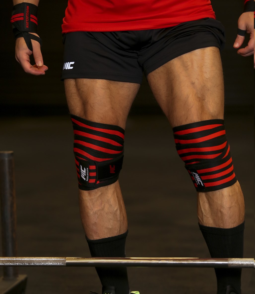 MuscleCloth Pro Knee Wraps Diz Bandajı 2’Li Paket – Cırt Bantlı Siyah Kırmızı