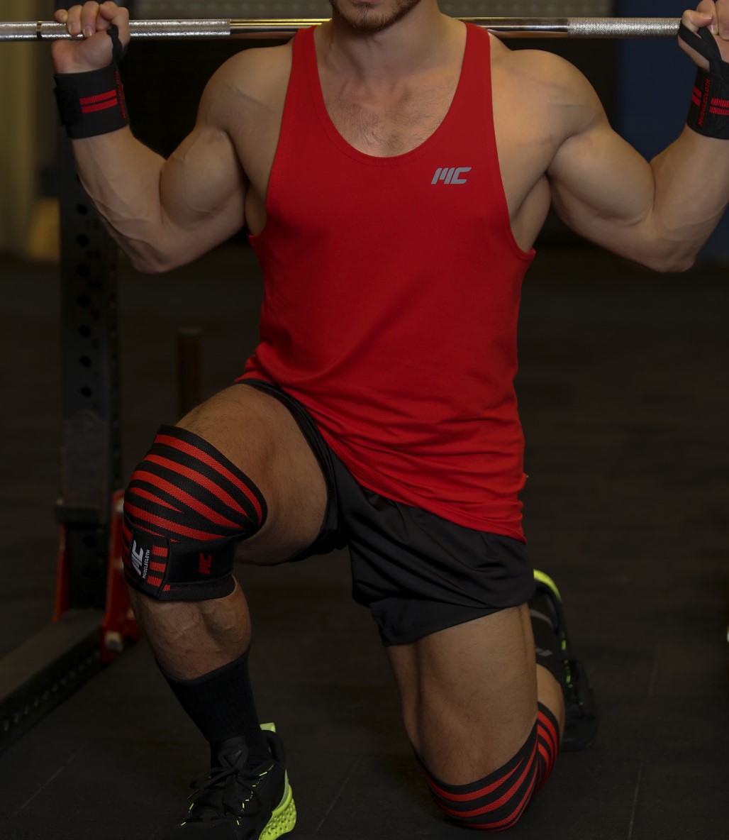 MuscleCloth Pro Knee Wraps Diz Bandajı 2’Li Paket – Cırt Bantlı Siyah Kırmızı